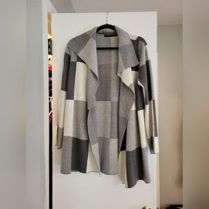 Gray and Cream Checkered Open Front Cardigan